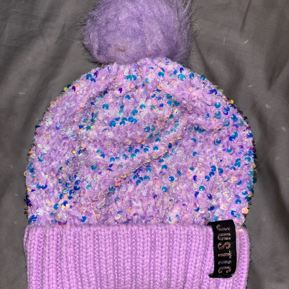 Justice Lavender Sequin Pom-Pom Beanie
